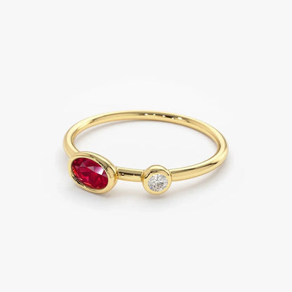 14k Gold Ruby and Diamond Oval and Round Cut Bezel Setting Ring 0.49 ctw