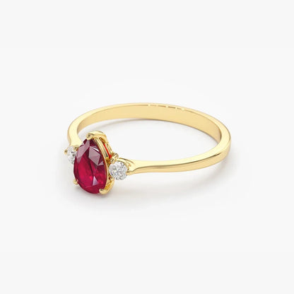 14k Gold Ruby and Diamond Pear Cut Three Stone Ring 0.47 ctw