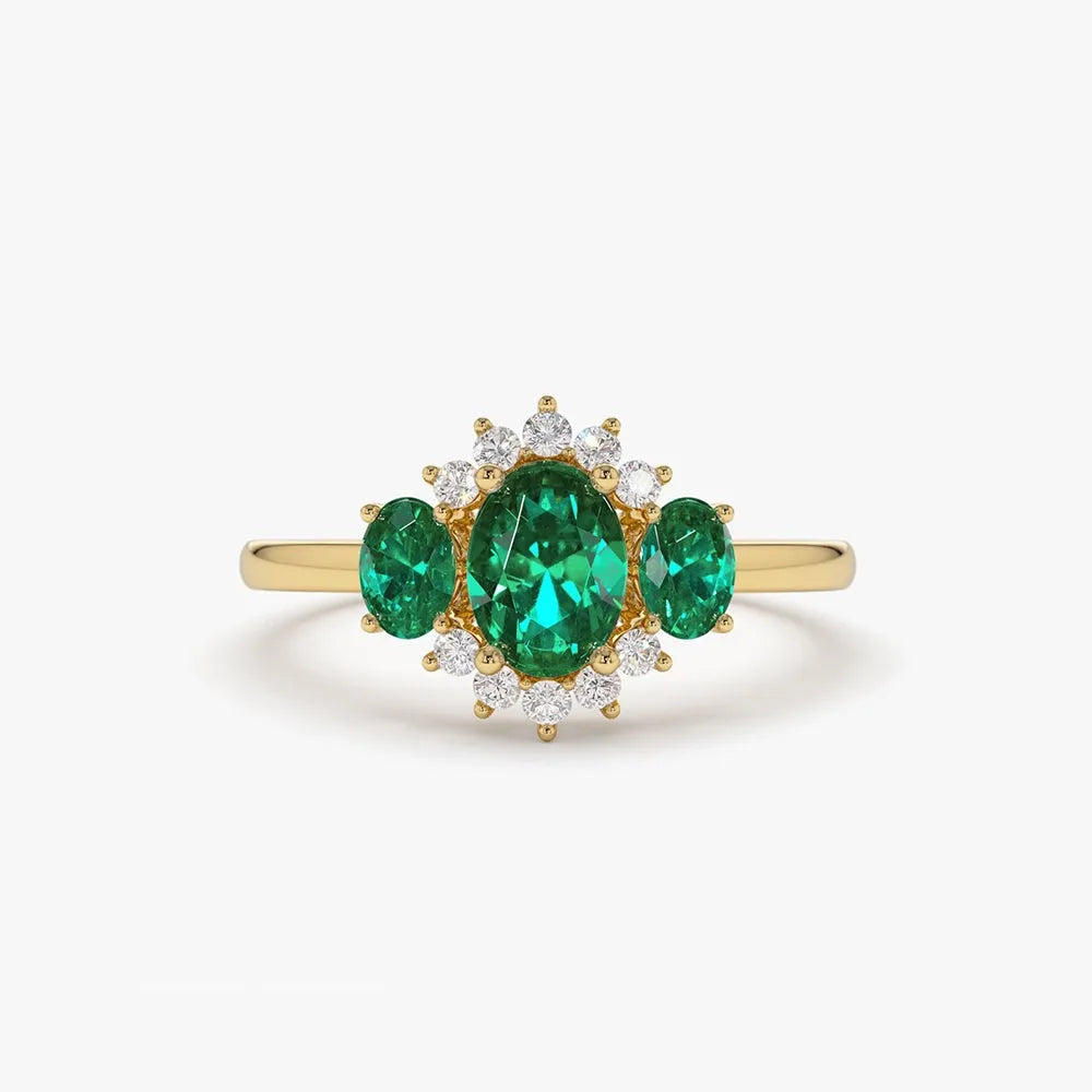 14K Gold Oval Emerald and Round Diamond Three Stone Cluster Ring 1.06 CTW