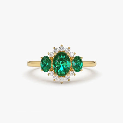 14K Gold Oval Emerald and Round Diamond Three Stone Cluster Ring 1.06 CTW