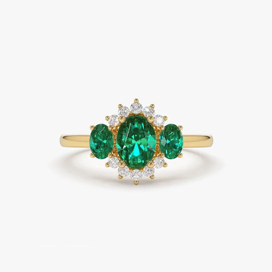 14K Gold Oval Emerald and Round Diamond Three Stone Cluster Ring 1.06 CTW