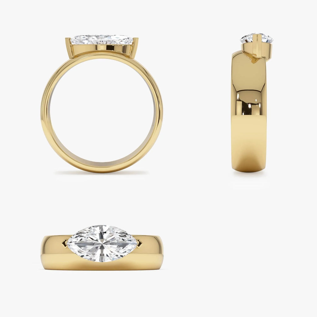 14k Gold 1.00 Carat Lab Grown Diamond Marquise Solitaire Wide Band Ring Solara