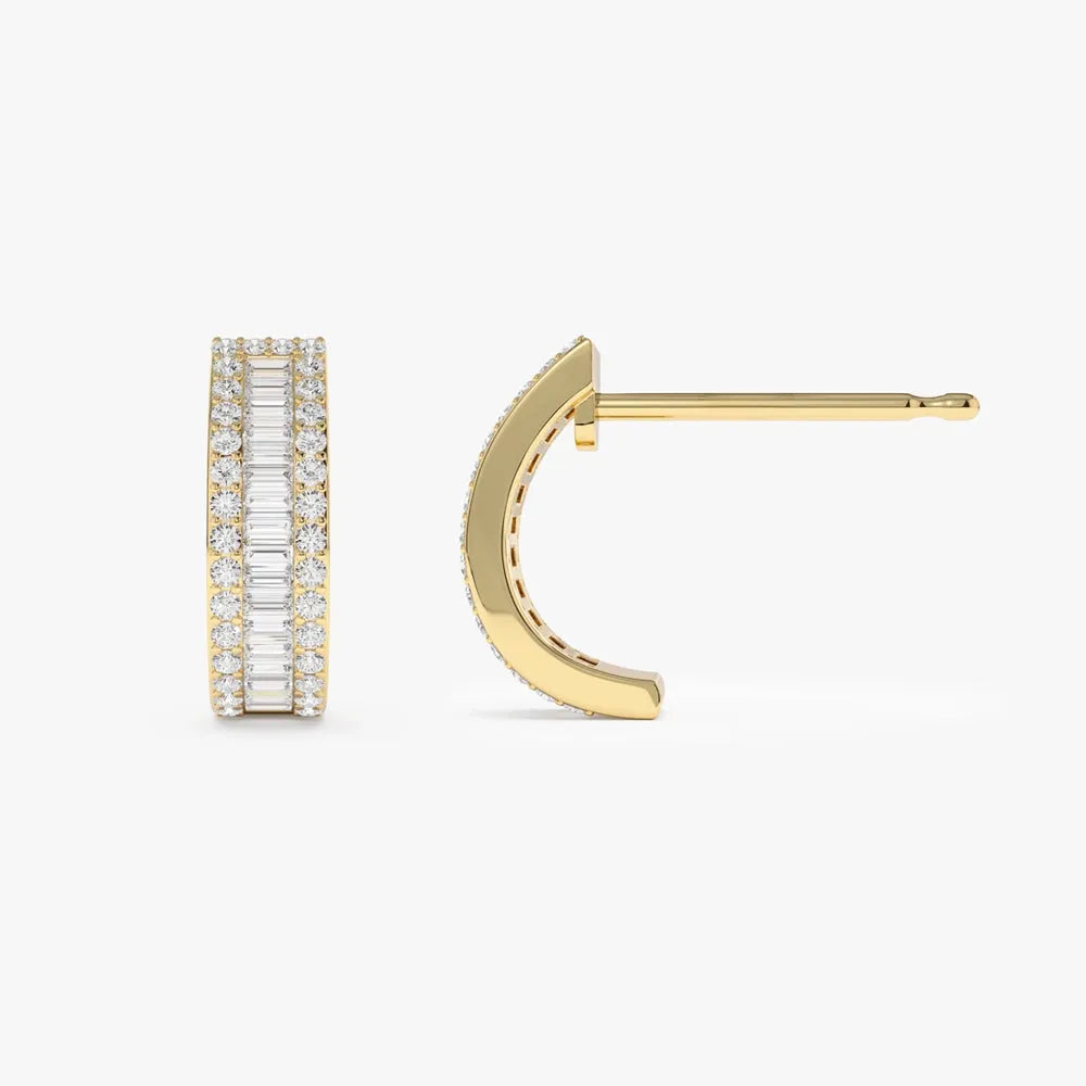 14k Gold Diamond Baguette and Round Cut Micro Pave Hoop Earrings 0.75 ctw