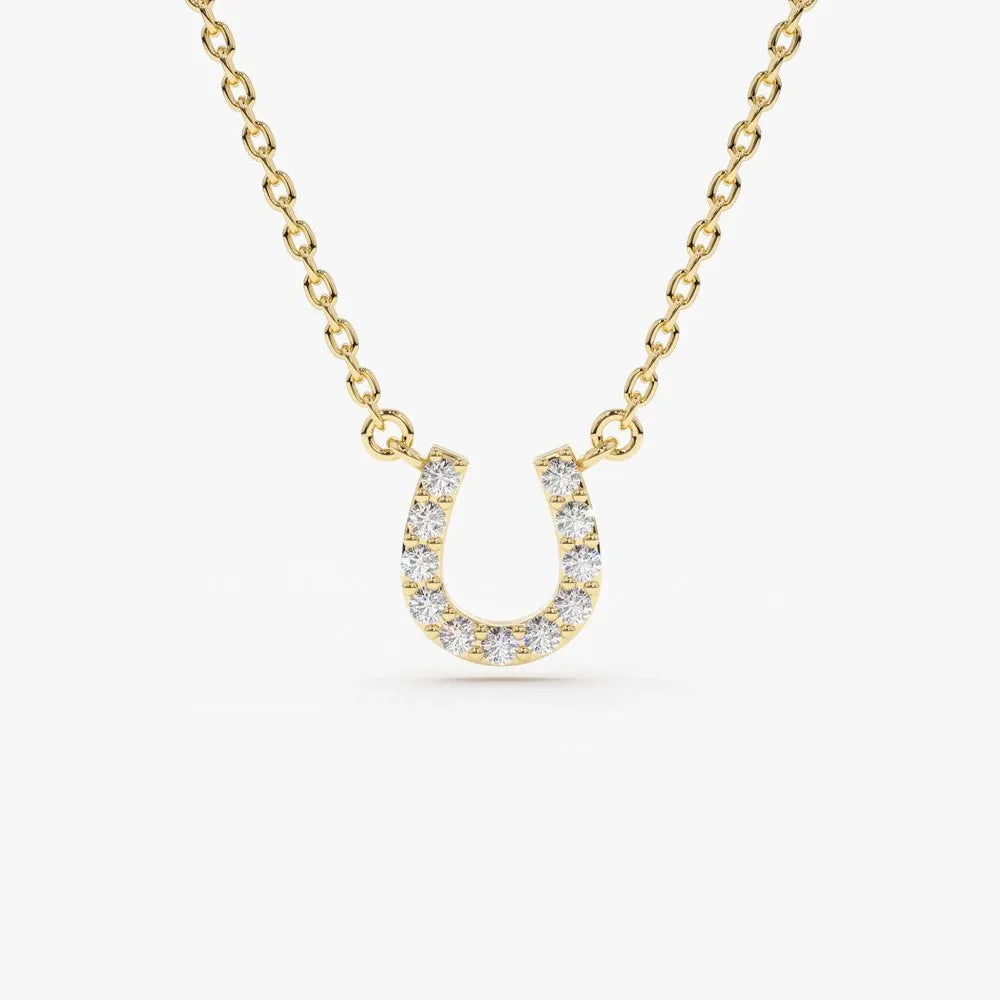 14K Solid Gold Round Diamond Micro Pave Mini Horseshoe Necklace 0.06cttw