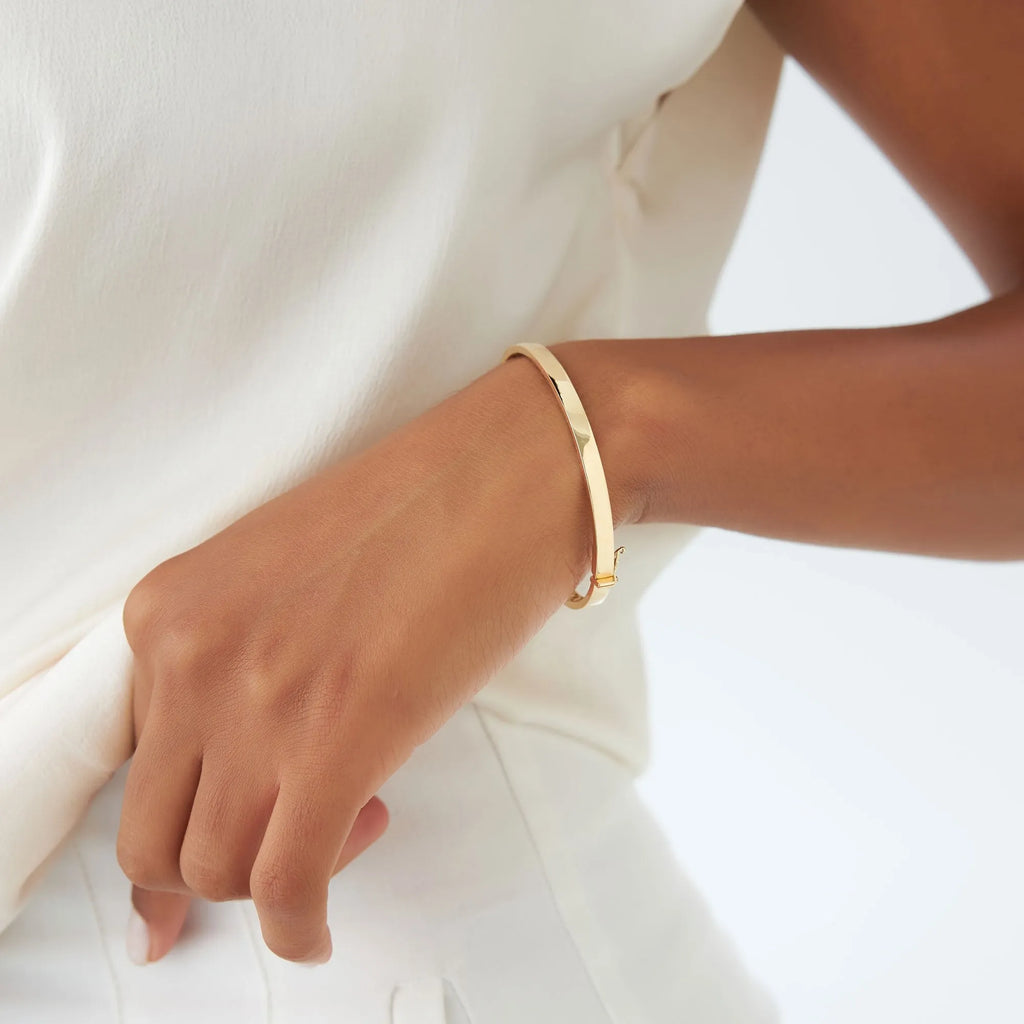 14K Solid Gold Flat Stackable Bangle Bracelet with Box Lock Closure