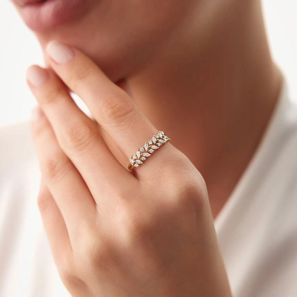 14K Gold Marquise and Round Diamond Two Row Ring