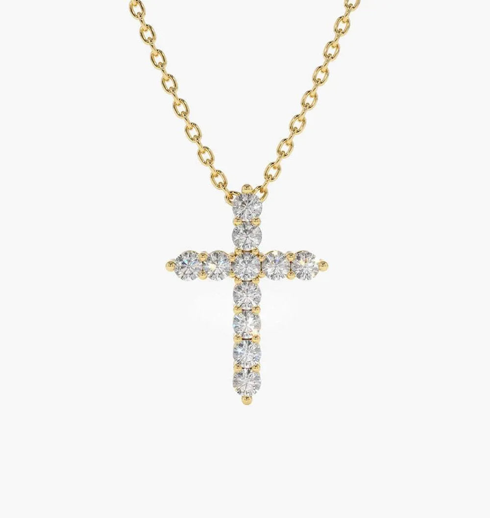 14K Solid Gold Round Diamond Cross Pendant Necklace Prong Setting 0.35ctw