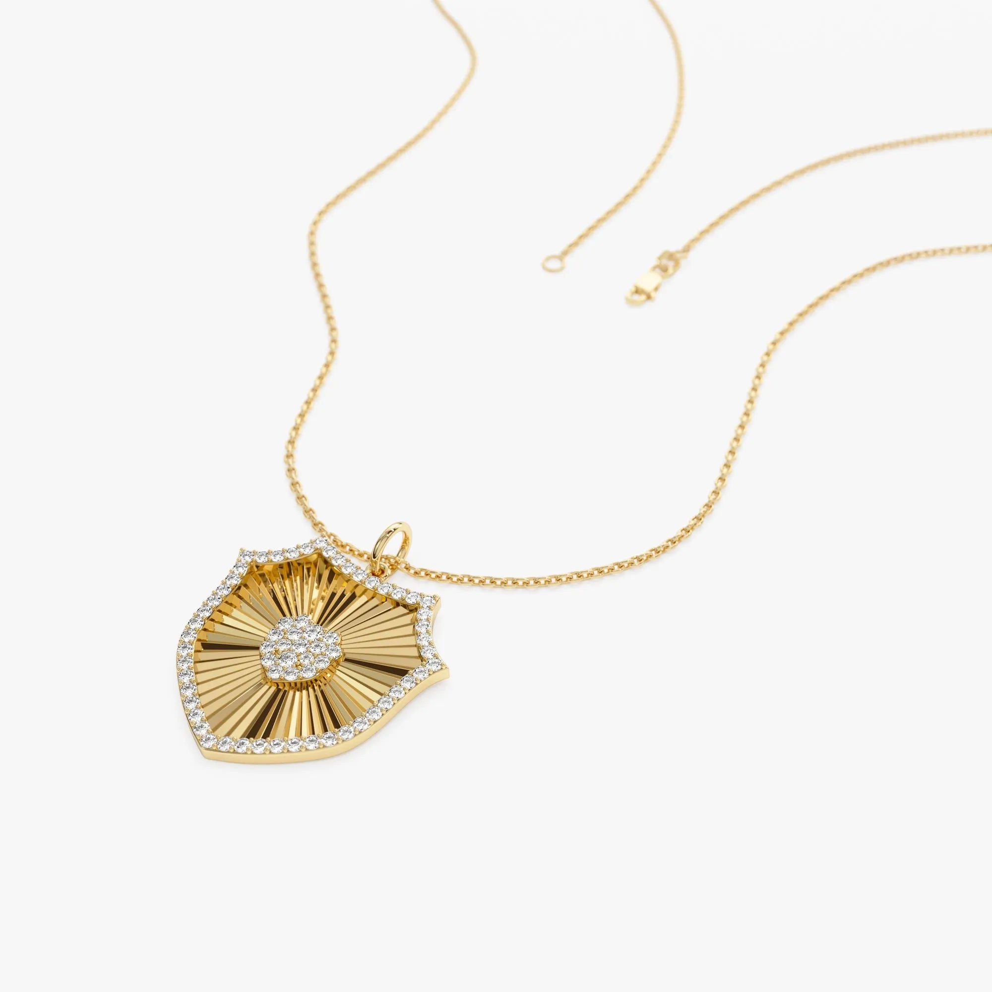 14K Solid Gold 0.35 CTW Round Diamond Shield Medallion Pendant Necklace
