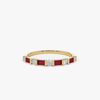 14k Gold Ruby and Diamond Baguette and Round Cut Stackable Wedding Ring Bar Channel Setting 0.63 ctw