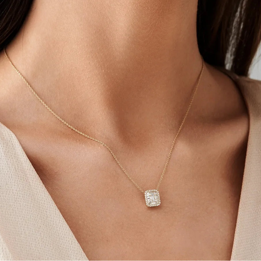 14K Solid Gold Baguette and Round Diamond Statement Necklace Prong and Channel Setting 0.47ctw