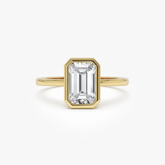 14k Gold 1.50 Carat Emerald Cut Lab Grown Diamond Bezel Setting Engagement Ring IGI Certified