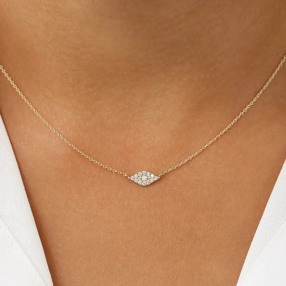 14K Solid Gold Round Diamond Micro Pave Evil Eye Pendant Necklace 0.15ctw