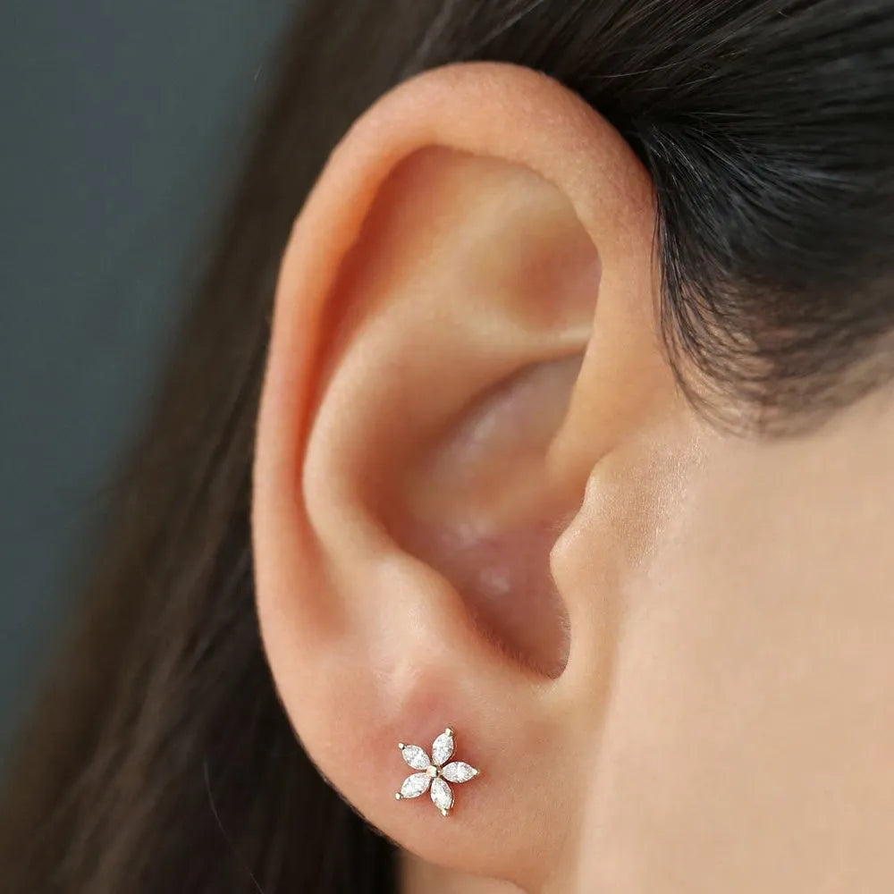 14k Gold Diamond Marquise Cut Floral Stud Earrings 0.33 ctw