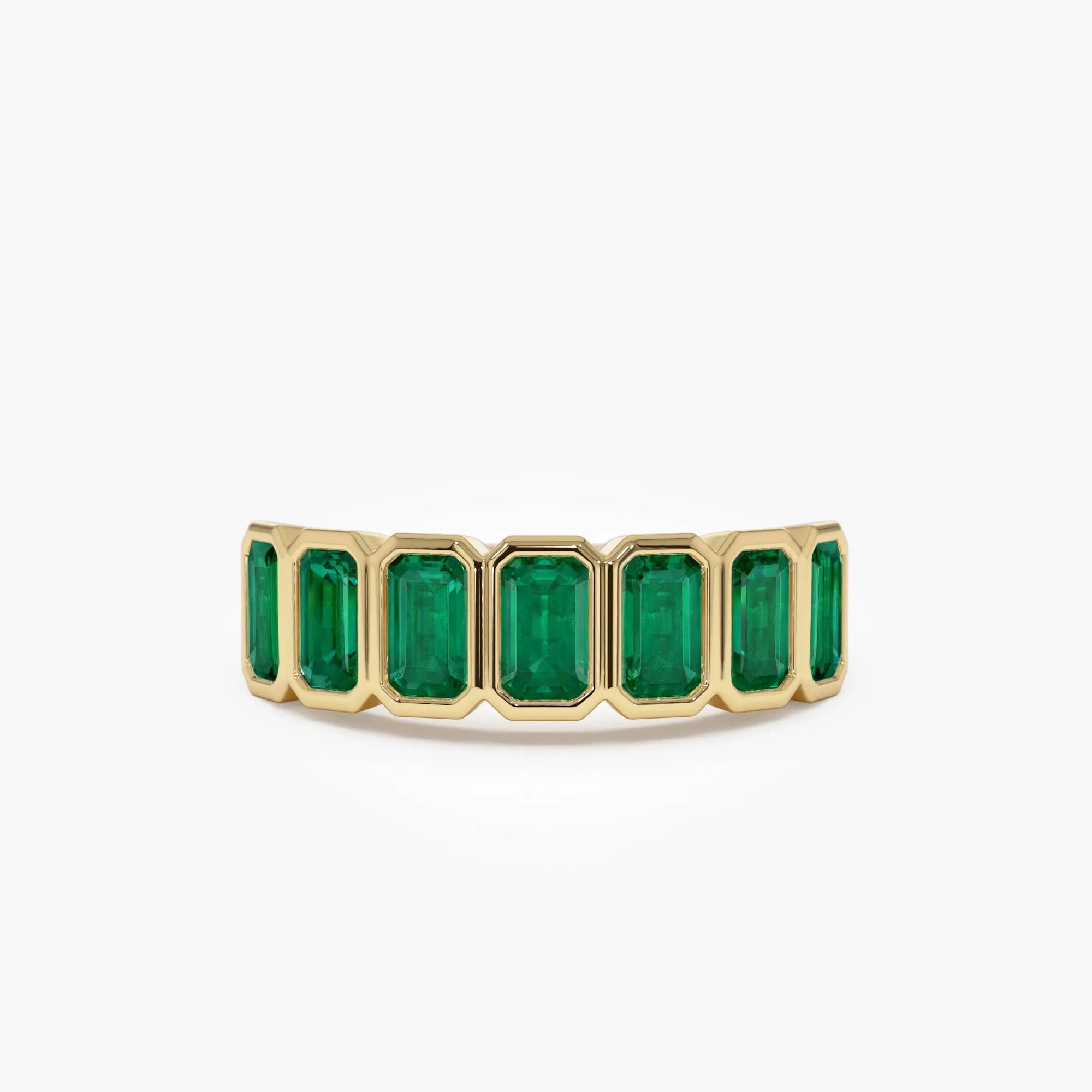 14K Solid Gold Octagon Emerald Seven Stone Bezel Set Ring 2.05 CTW