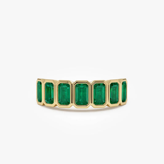 14K Solid Gold Octagon Emerald Seven Stone Bezel Set Ring 2.05 CTW