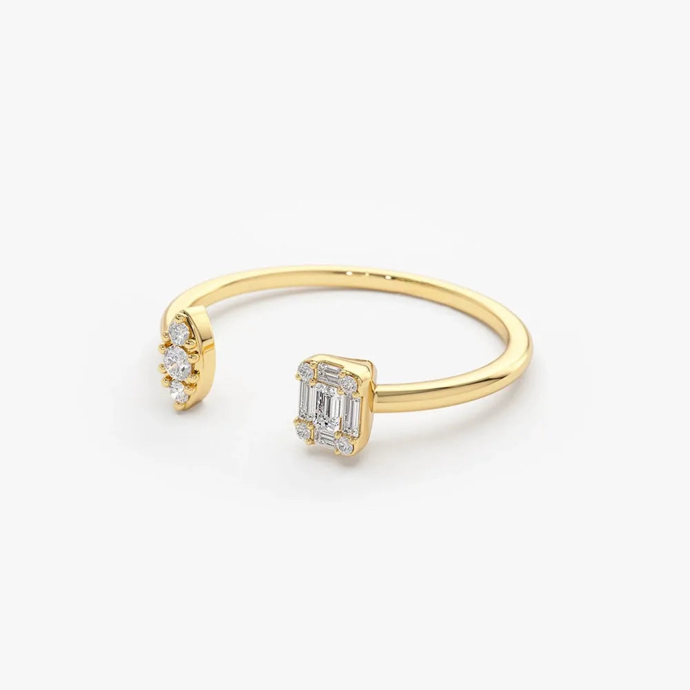 14K Gold 0.15 ctw Diamond Baguette Round and Marquise Open Cuff Ring