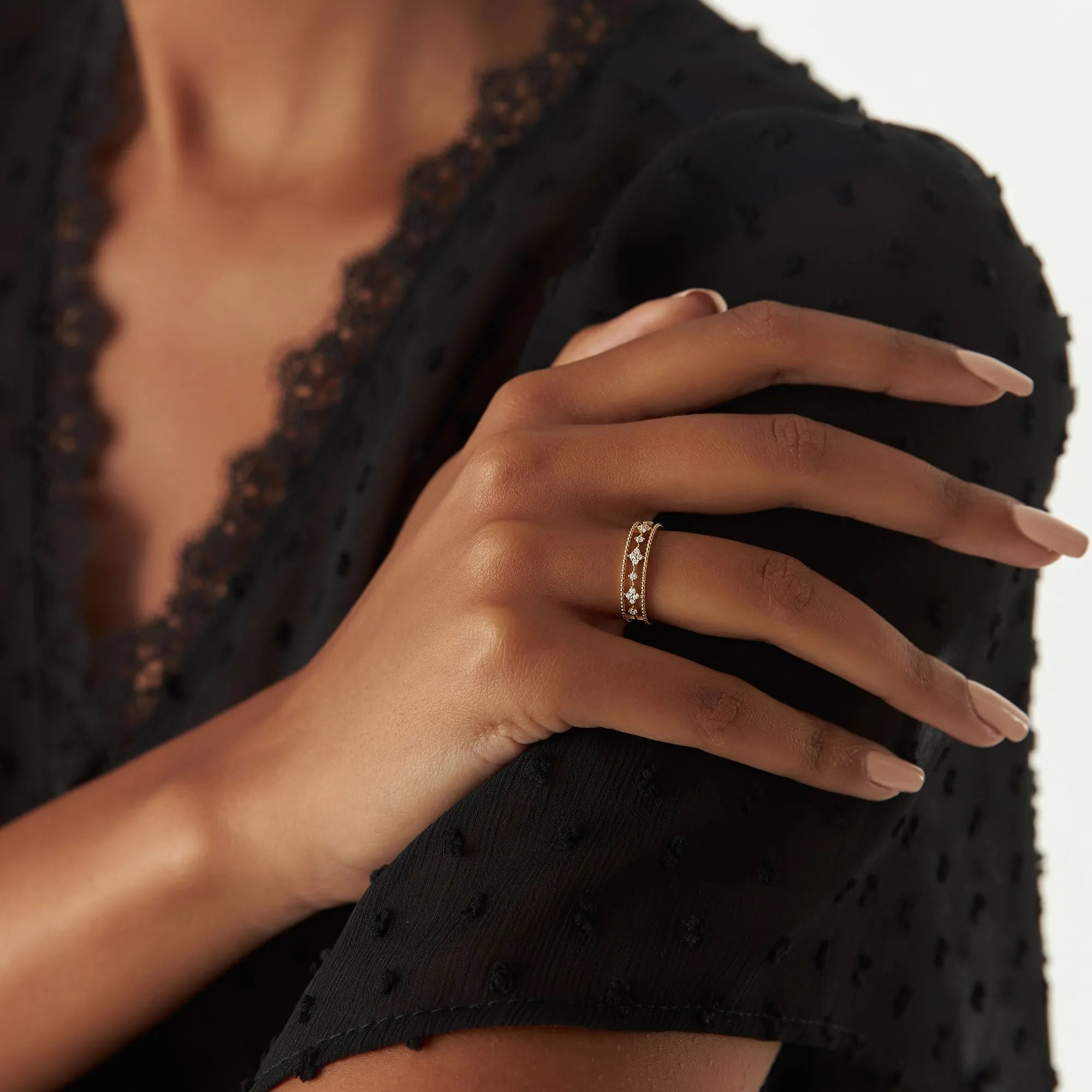 14K Solid Gold Round Diamond 0.15 Carat Beaded Band Statement Ring
