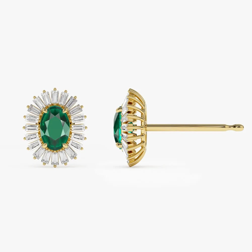 14k Solid Gold Oval Emerald and Baguette Diamond Ballerina Stud Earrings 1.30 ctw