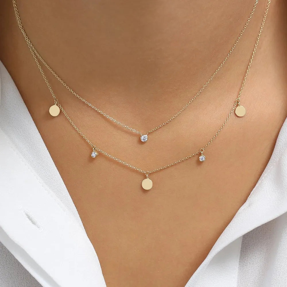 14K Solid Gold Round Diamond Bezel Set Dangling Disc Necklace 0.08ctw