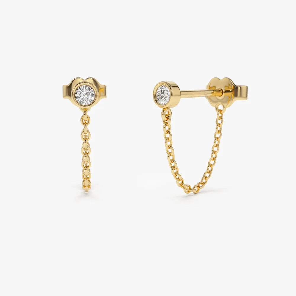 14k Gold Diamond Round Cut Bezel Setting Stud Chain Earrings 0.12 ctw
