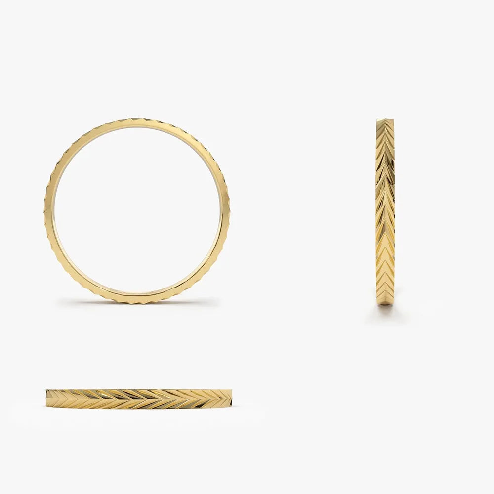 14K Solid Gold Chevron Herringbone Eternity Cut Minimalist Wedding Band Ring