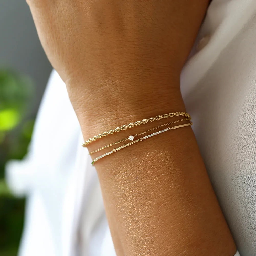 14K Solid Gold Round Diamond Bar Bracelet Micro Pave 0.30 Carat