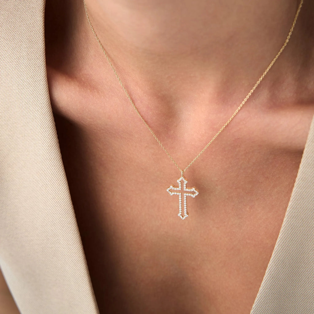 14K Solid Gold Round Diamond Pave Cross Pendant Necklace 0.29ctw