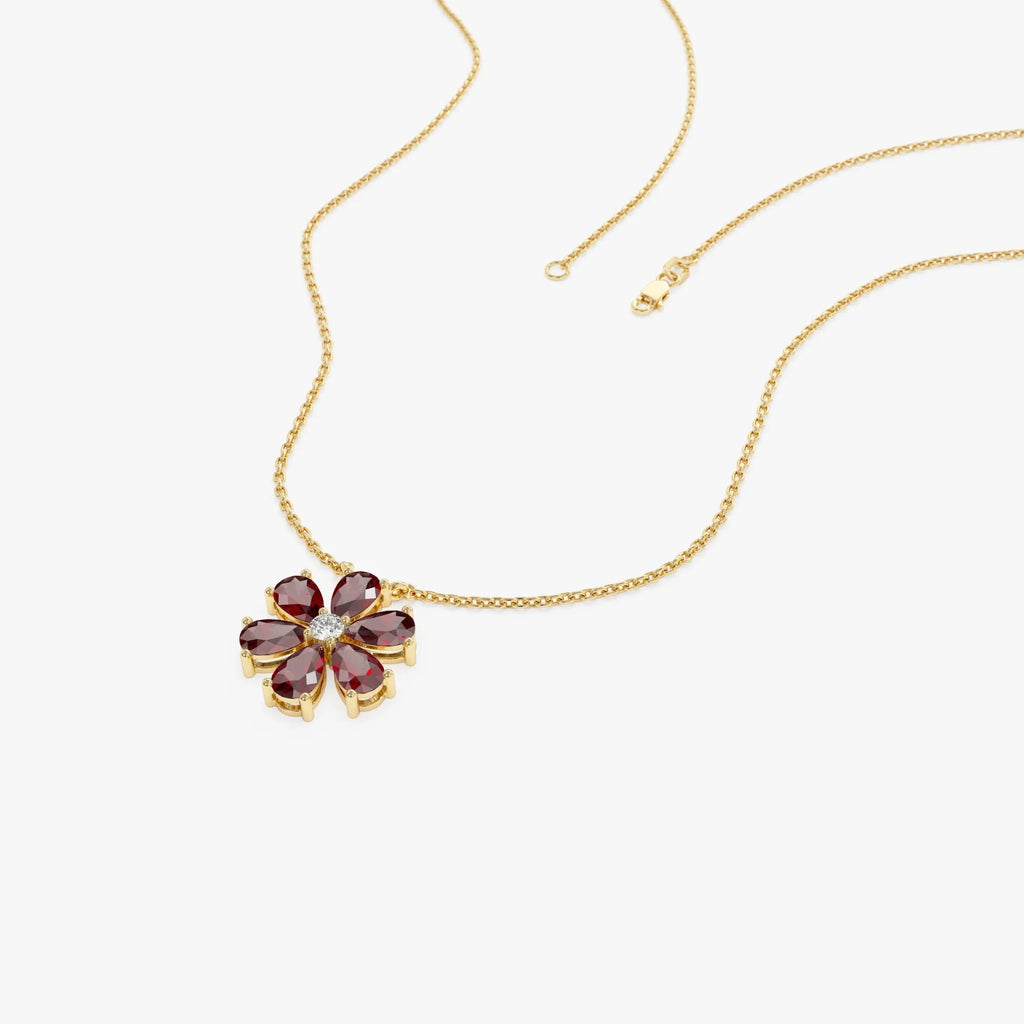 14k Solid Gold Garnet and Diamond Pear and Round Flower Necklace 1.80 Carat