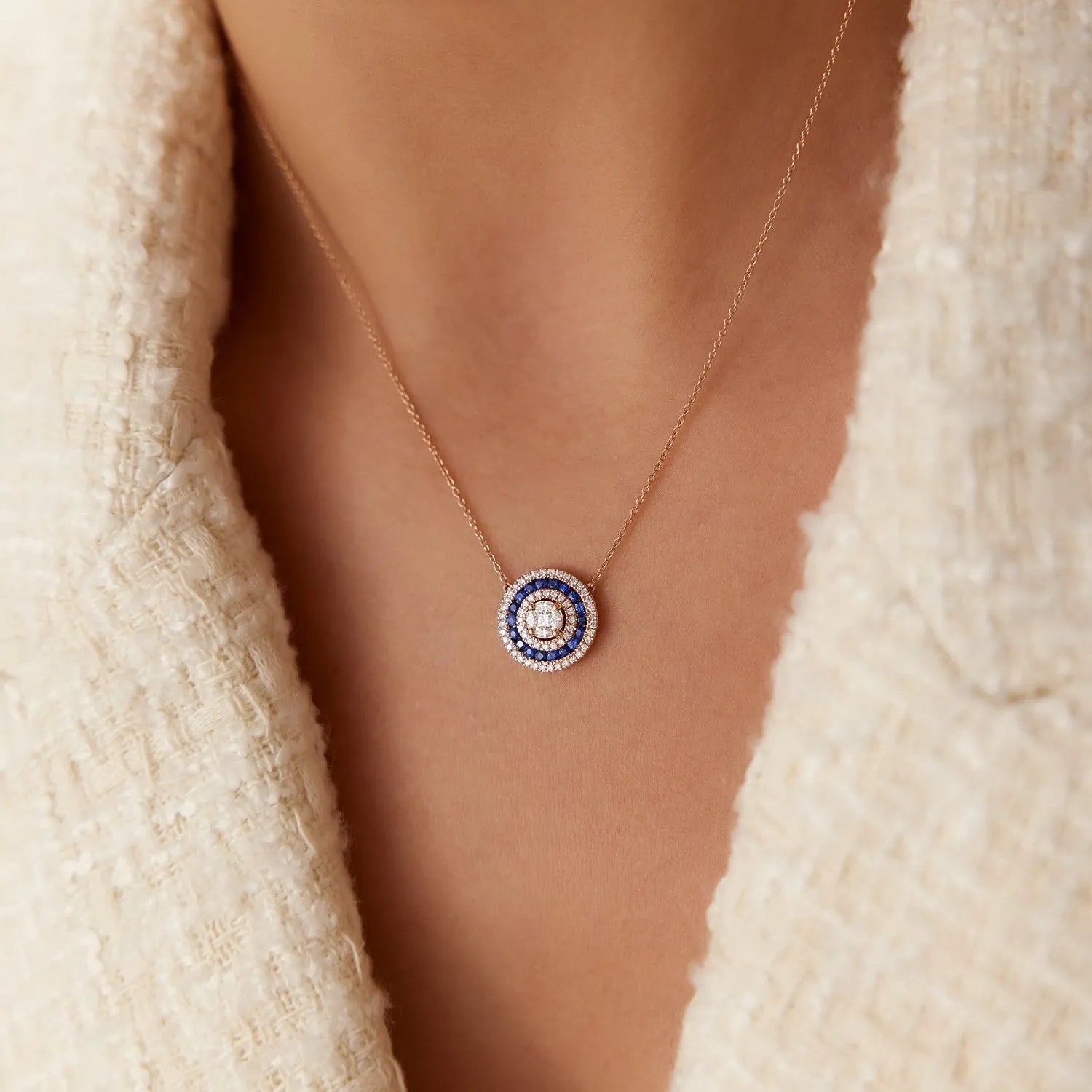 14k Solid Gold Sapphire and Diamond Round Princess Marquise Illusion Medallion Necklace 0.75 Carat