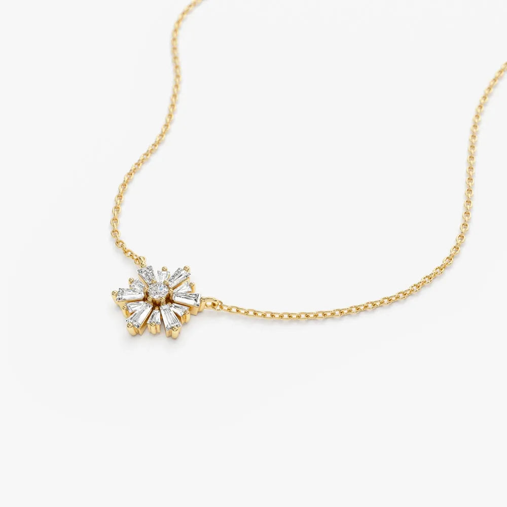 14K Solid Gold Round and Tapered Baguette Diamond Necklace Prong Setting 0.36ctw