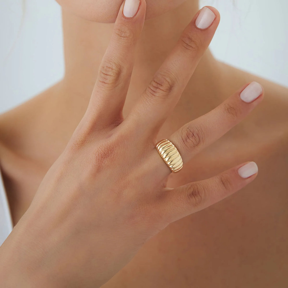 14k Solid Gold Ribbed Tapered Chunky Statement Ring 10mm Width
