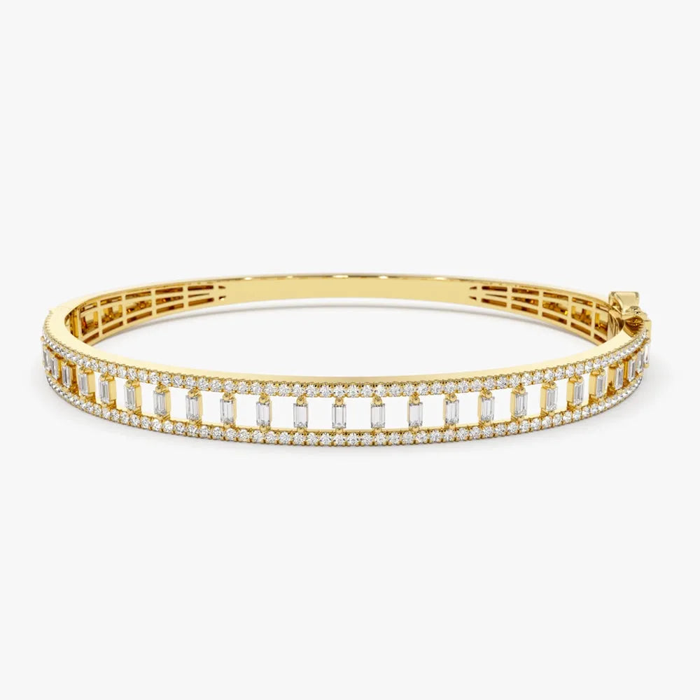 14K Solid Gold 1.33 CTW Baguette and Round Diamond Bangle