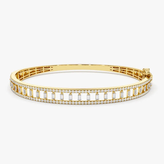 14K Solid Gold 1.33 CTW Baguette and Round Diamond Bangle