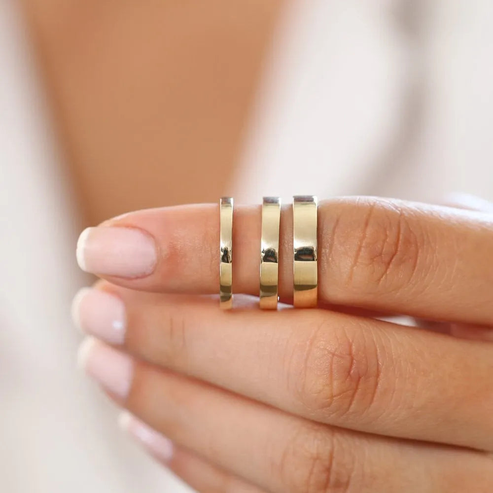 14K Solid Gold 4mm Flat Classic Minimalist Wedding Band Ring