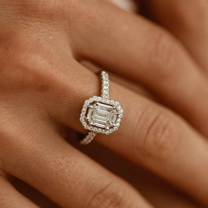 14k Gold 0.55 CTW Diamond Emerald Cut Illusion Halo Engagement Ring with Invisible Claw Setting
