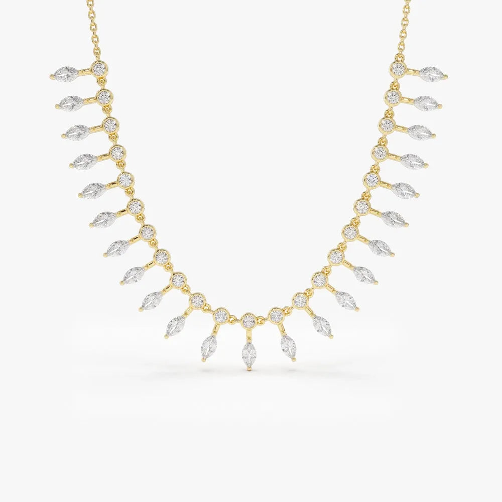14K Solid Gold Baguette and Round Diamond Statement Necklace Prong and Bezel Set 1.96ctw