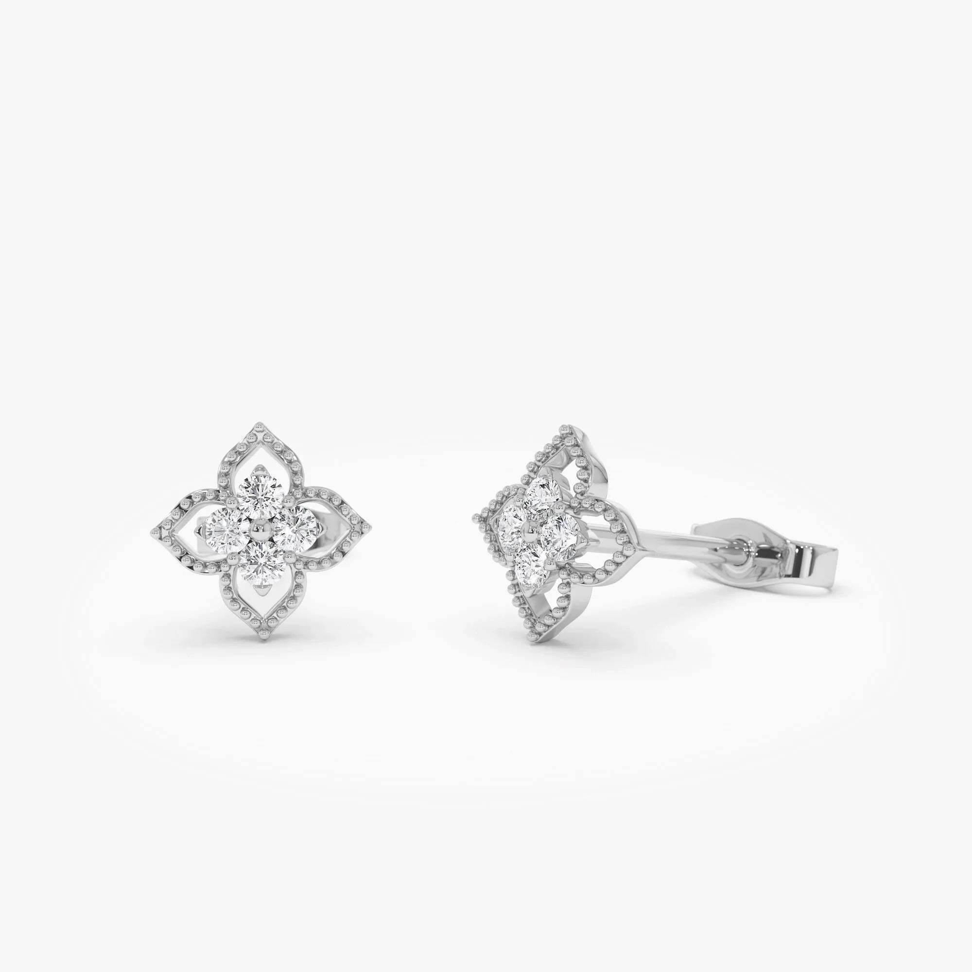 14k Gold Diamond Round Cut Floral Cluster Stud Earrings 0.12 ctw