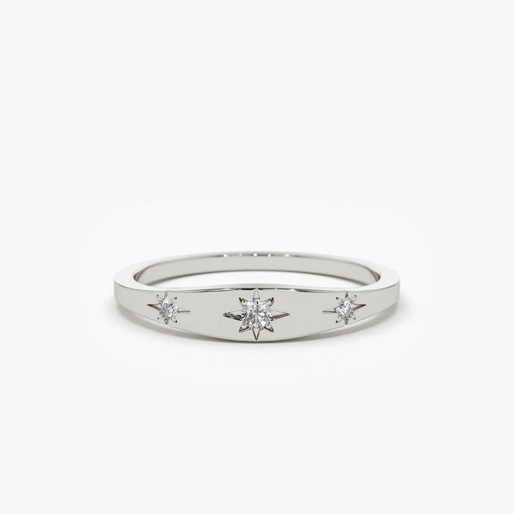 14K Solid Gold Round Diamond 3 Stone Star Setting Stacking Ring 0.06 CTW