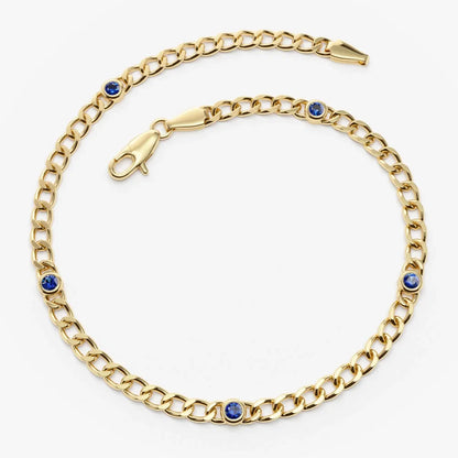 14K Solid Gold Cuban Link Bracelet with Bezel Set Round Sapphire