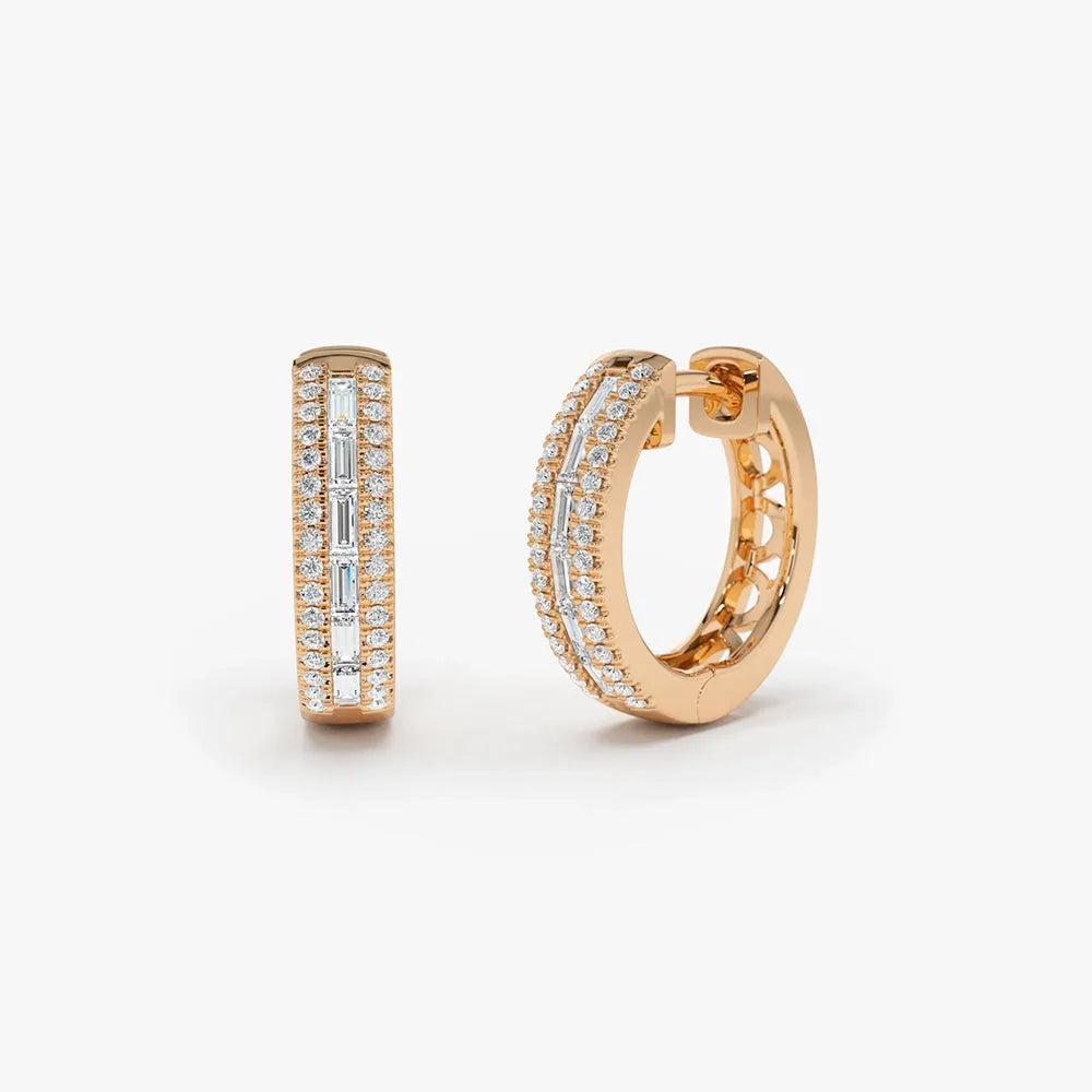 14k Gold Diamond Baguette and Round Cut Pave Hoop Earrings 0.50 ctw