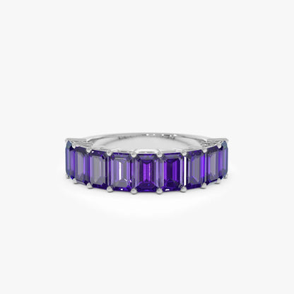 14K Solid Gold Emerald Cut Amethyst 2.55 Carat Nine Stone Ring