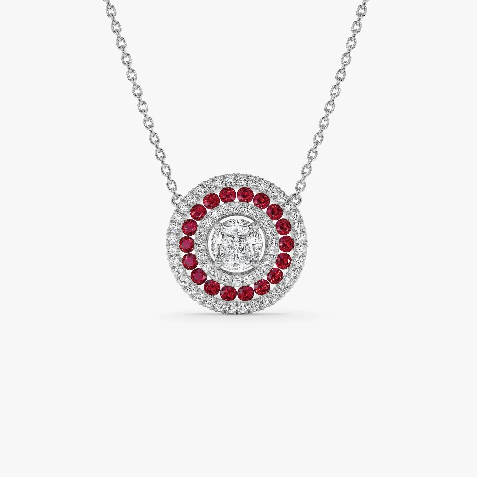 14k Solid Gold Ruby and Diamond Round Princess Marquise Illusion Medallion Necklace 0.75 Carat