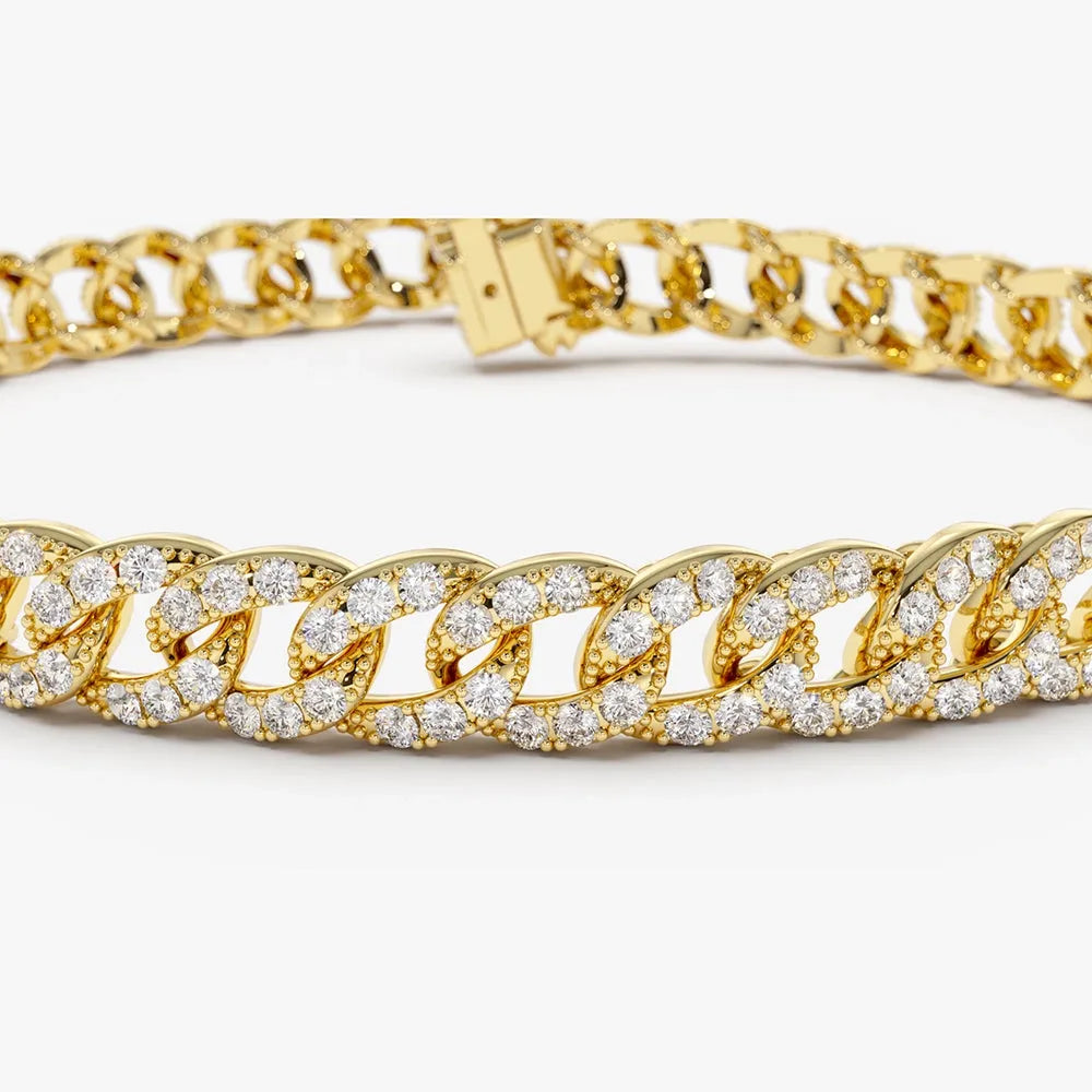14K Solid Gold Round Diamond 4.8MM Cuban Link Micro-Pave Bracelet