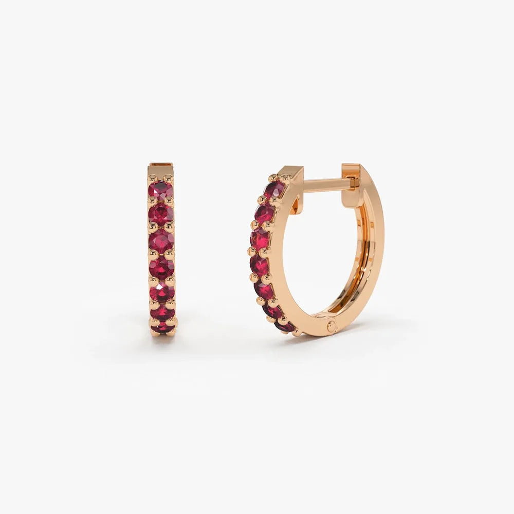 14K Solid Gold Round Ruby Huggie Hoop Earrings 0.35ctw