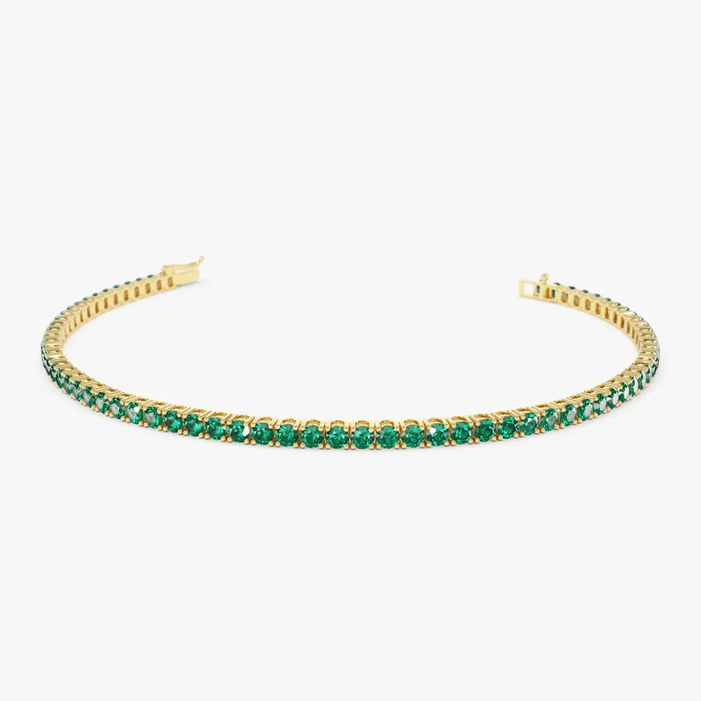 14K Solid Gold Round Emerald 4 Prong Tennis Bracelet
