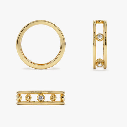 14K Solid Gold Natural Diamond Round Cut Bezel Setting Double Band Ring 0.18 ctw
