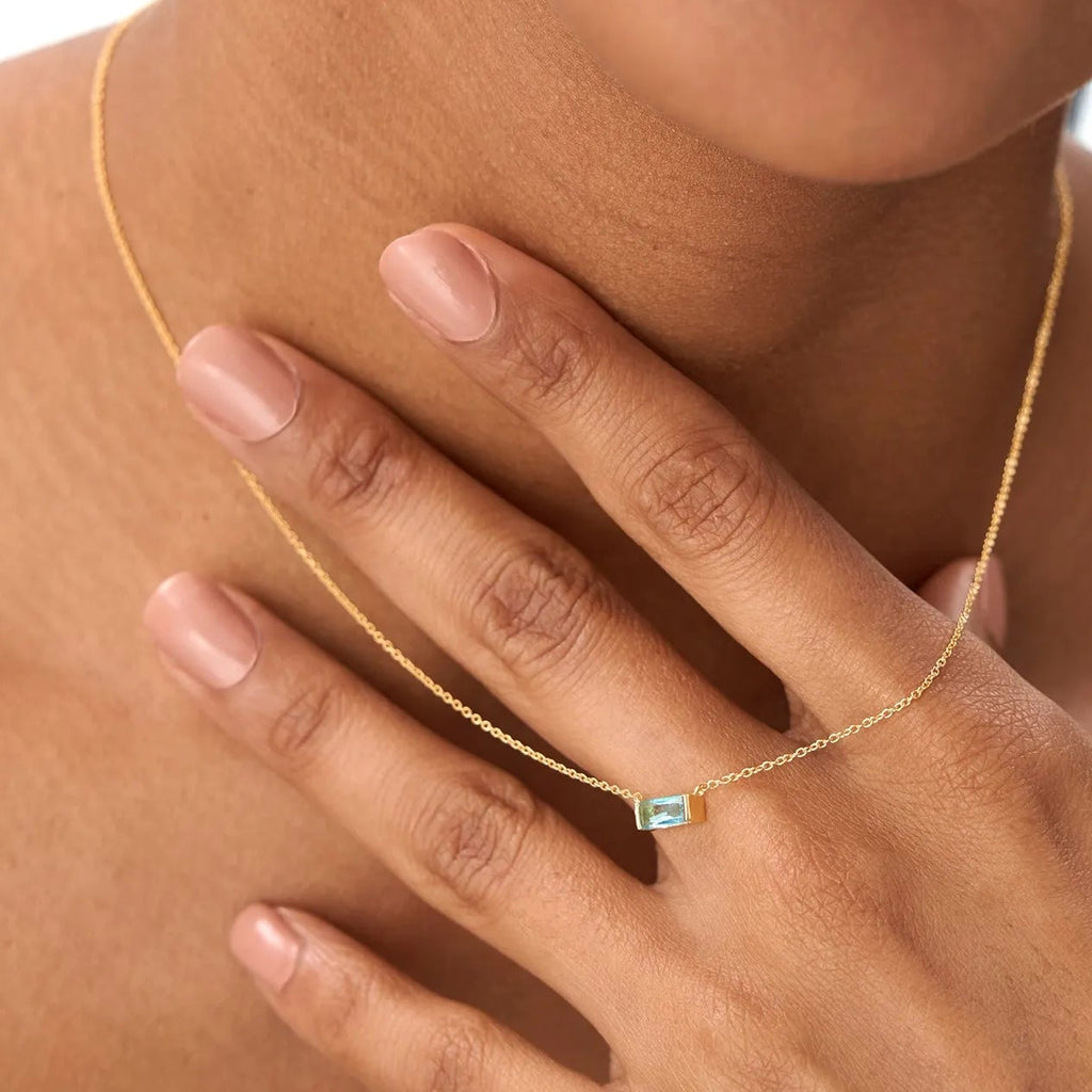 14k Solid Gold London Blue Topaz Baguette Birthstone Necklace 0.45 Carat