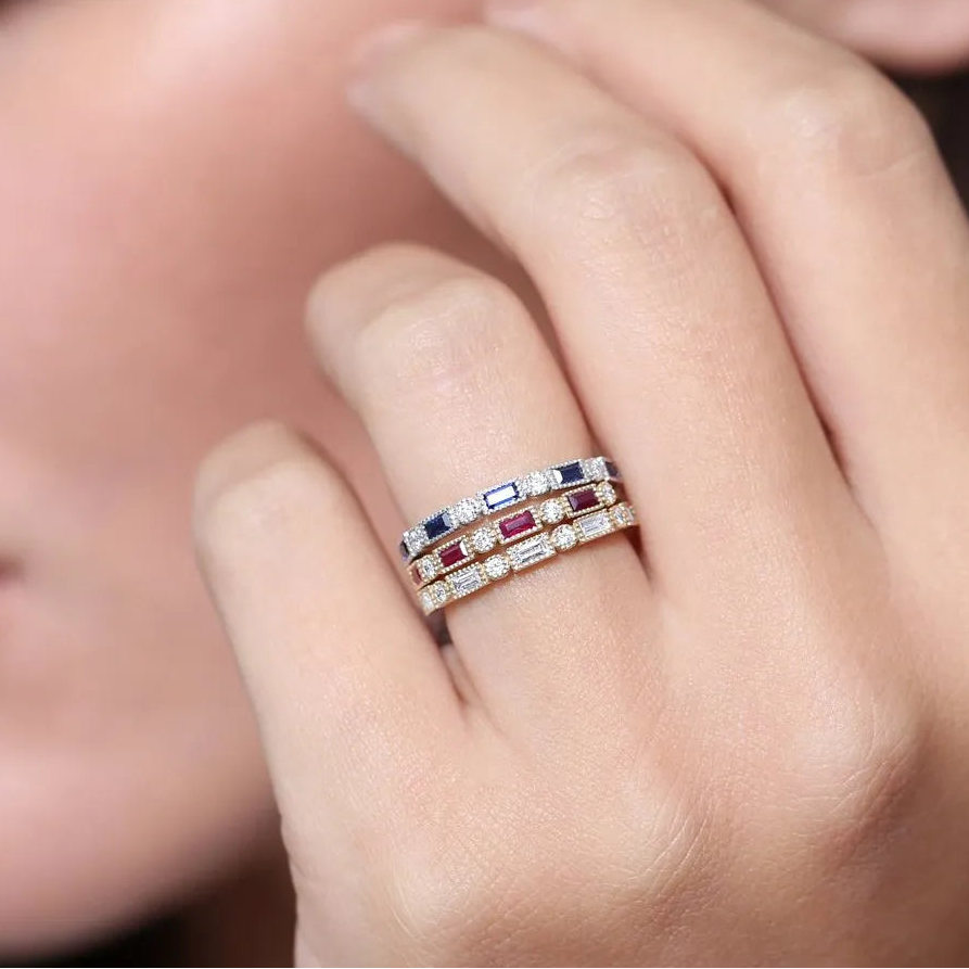 14k Gold Ruby and Diamond Baguette and Round Cut Milgrain Bezel Ring 0.47 ctw