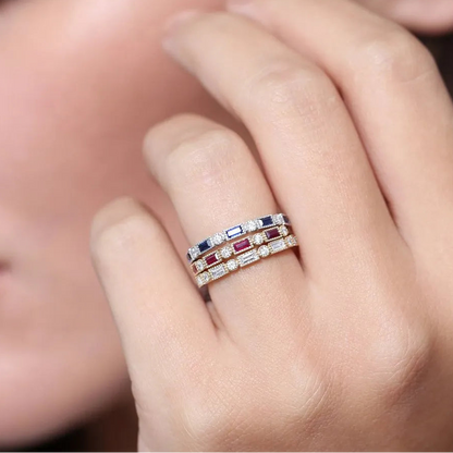 14k Gold Ruby and Diamond Baguette and Round Cut Milgrain Bezel Ring 0.47 ctw