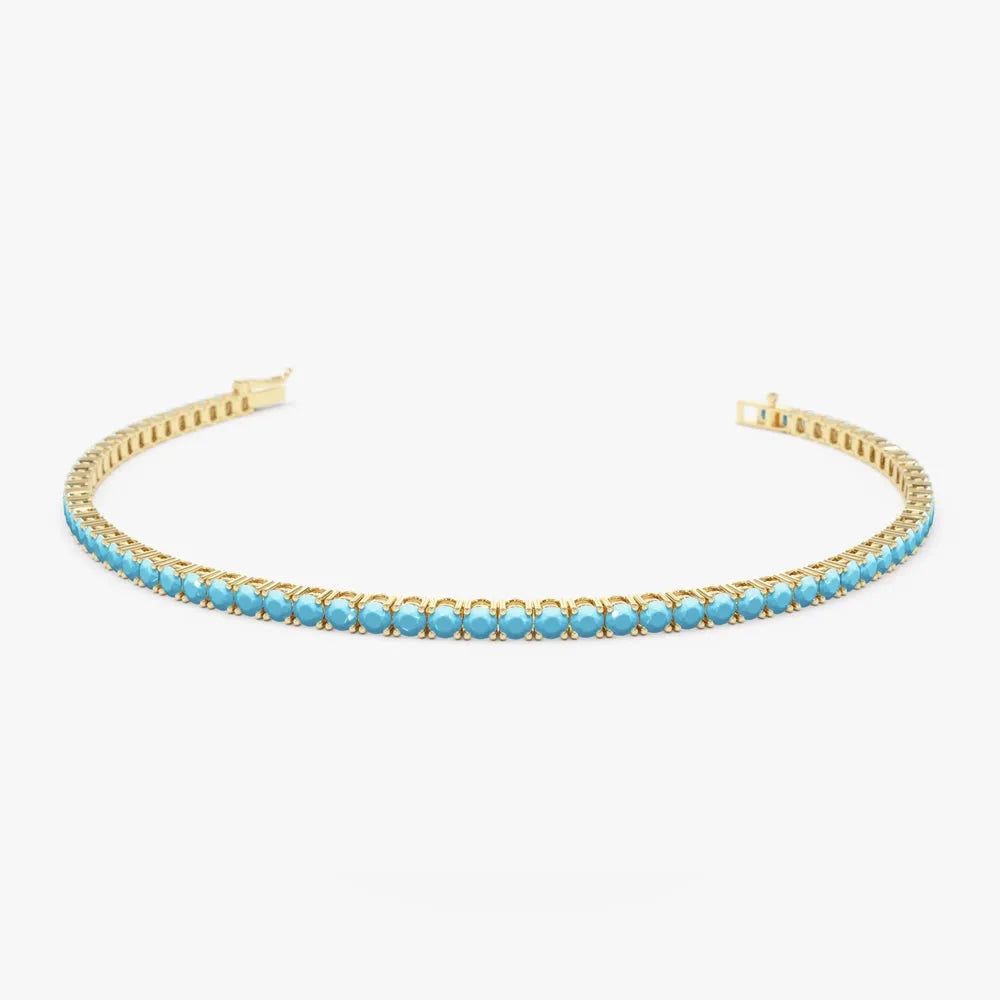 14k Gold Round Turquoise 4 Prong Tennis Bracelet